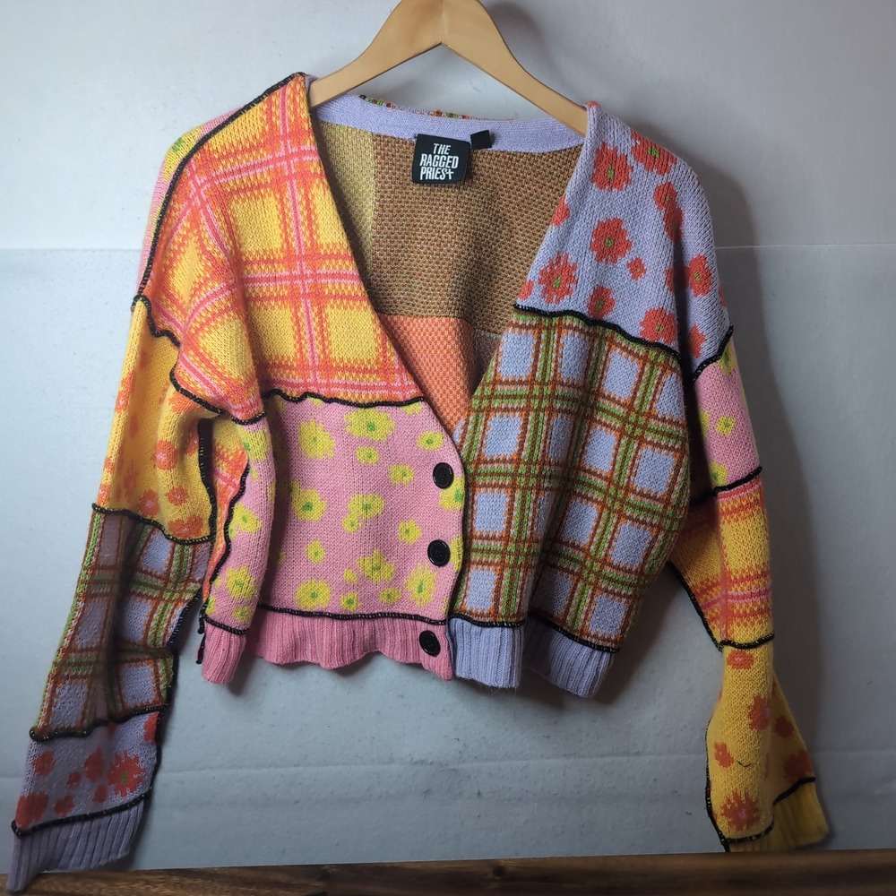 The Ragged Priest Patchwork Knit Cardigan Multicolor Plaid Floral Cropped Small